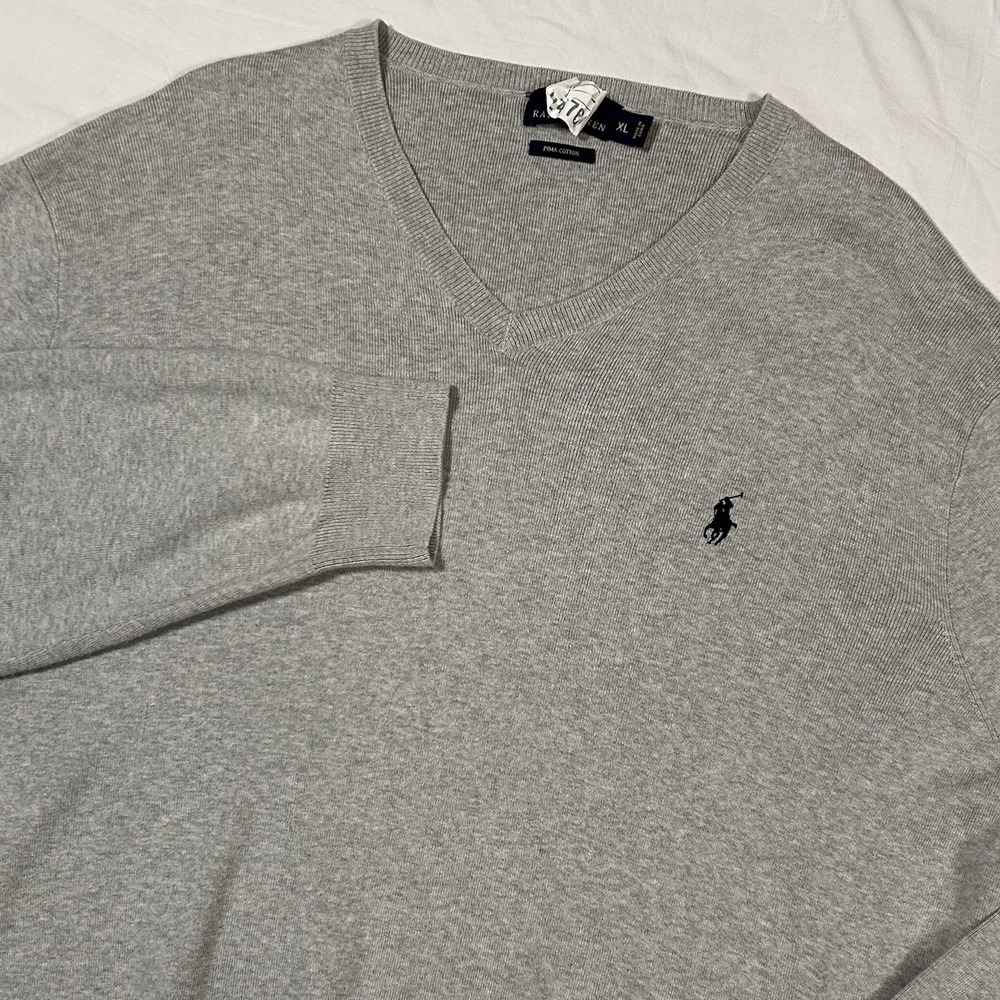 Polo Ralph Lauren V Neck Sweater Mens XL Pima Cotton‎ Gray Pony